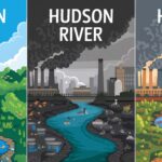 Hudson River pollution over time. Illustration shows the river's changing condition from pristine to polluted to improving.