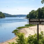 Hudson River swimming area with sign. Is the Hudson River safe for swimming?