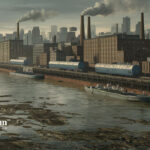 Long Island City water contamination. Industrial buildings, smokestacks, and polluted water. Water quality concerns.