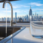 NYC tap water. Glass of clean New York drinking water with city skyline view. Is New York tap water safe?