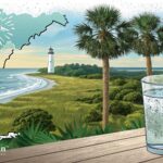 South Carolina tap water safety. Glass of water with SC coast, lighthouse, and palm trees. Water testing.