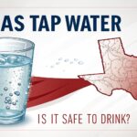 Texas tap water safety. Glass of water with ice, Texas flag, and state outline. Water testing services.