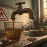 Unsafe tap water in New Mexico. Dirty water pours from faucet into a glass. Warning signs on the wall.