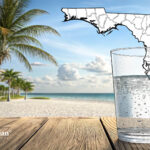 Is Florida tap water safe? Glass of water with Florida map outline, beach, and palm trees in the background.