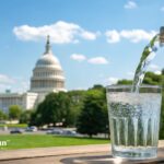 Is Washington D.C. tap water safe? Glass fills with water; U.S. Capitol in background.