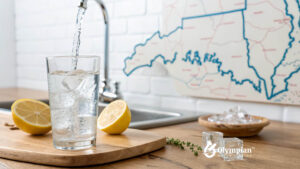 Is Arkansas tap water drinkable? Glass of water with ice and lemon. Arkansas state map in background. Clean, safe drinking water.