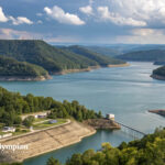 Kentucky drinking water source: A reservoir surrounded by green hills and forests under a cloudy sky.