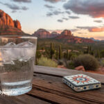 Is New Mexico tap water safe? Glass of water with NM landscape backdrop. Water quality testing.
