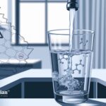 PFAS in drinking water. Faucet filling glass with water, chemical structure, and Georgia state outline.