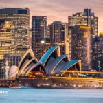 Sydney Opera House and skyline at sunset. Safe Australian tap water quality concept.