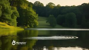 West Virginia water: Ripples on a lake, trees in the background. Test tap water safety in WV.