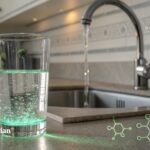 NYC tap water with PFAS. Glass of water, faucet, and chemical structures. Learn about PFAS in drinking water.