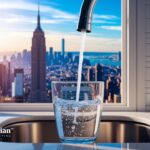 New York City tap water. Faucet filling glass with NYC skyline view. Water quality testing.