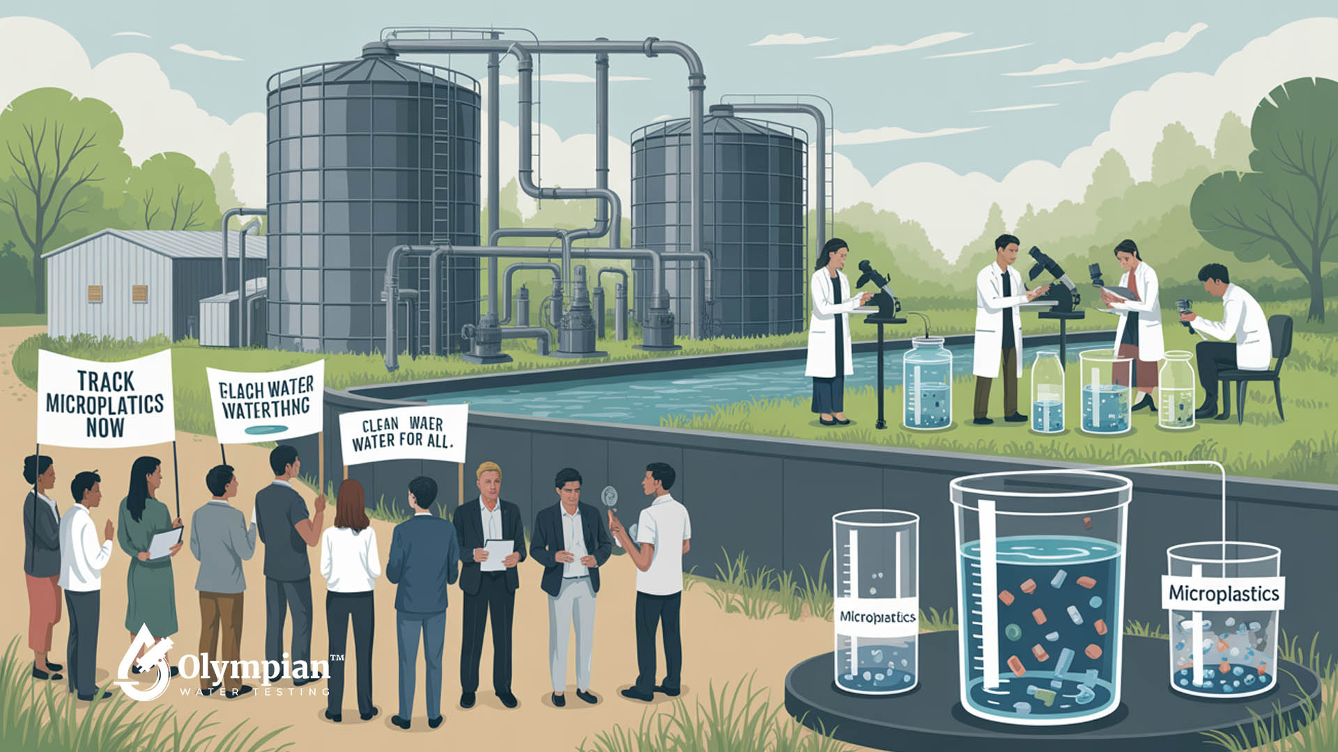Cartoon illustration of advocates pushing EPA to track microplastics in water systems. Scientists analyze water samples.