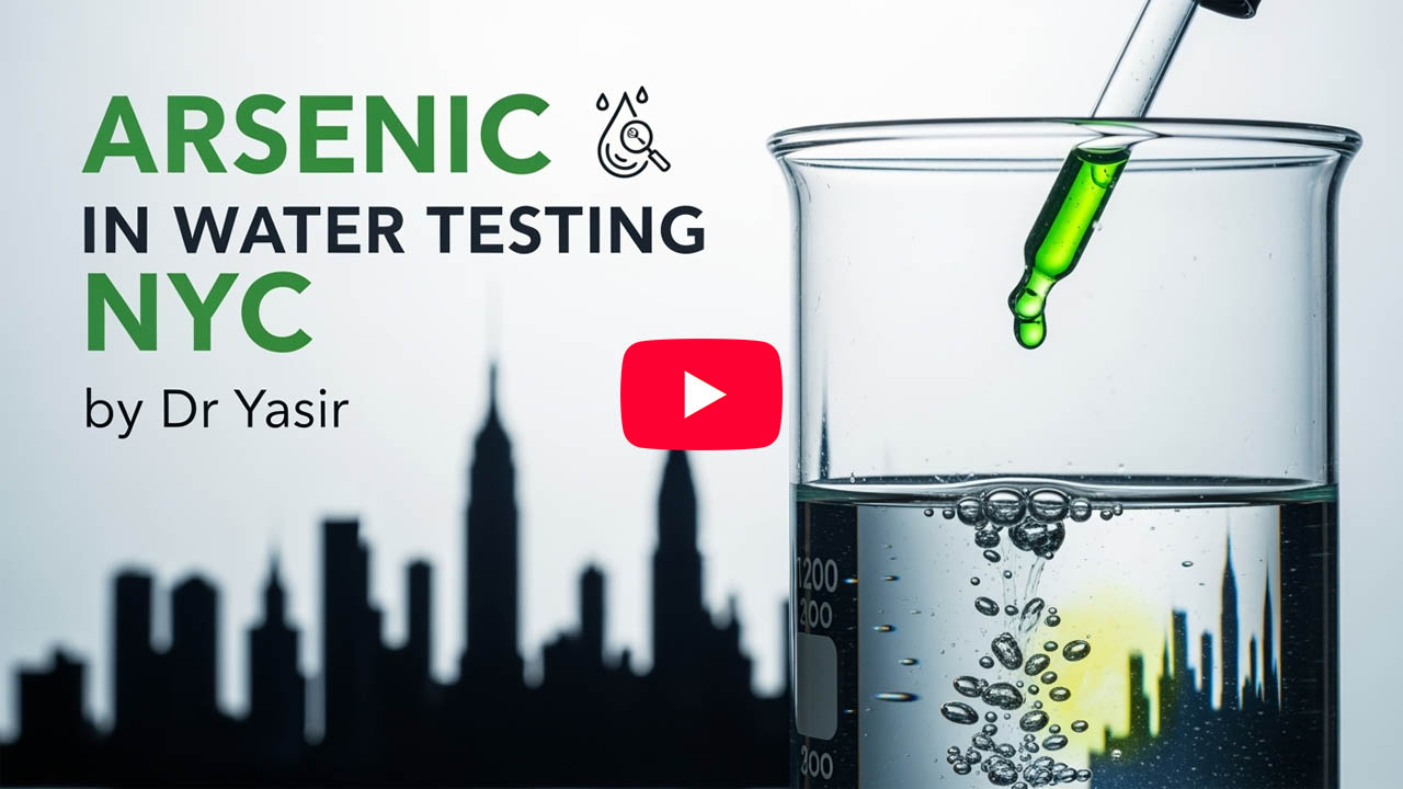 Arsenic in Water Testing NYC by Dr. Yasir. Beaker with water sample and dropper for water quality analysis.