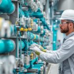 Technician inspecting water pipes. Well water testing for hydrogen sulfide or rotten egg smell.