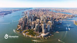 NYC water quality. Aerial view of New York City skyline, waterways, and bridges. Water testing services.