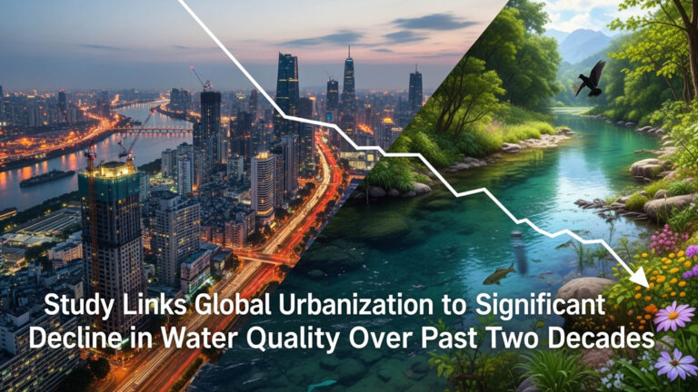 Urbanization impact on water quality. Cityscape transitioning to a pristine river, showing water quality decline.