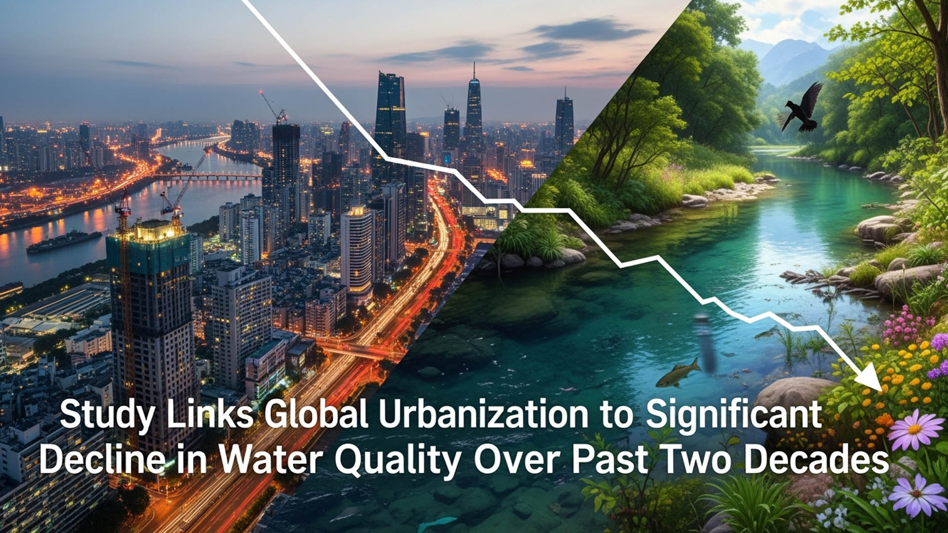 Urbanization impact on water quality. Cityscape transitioning to a pristine river, showing water quality decline.