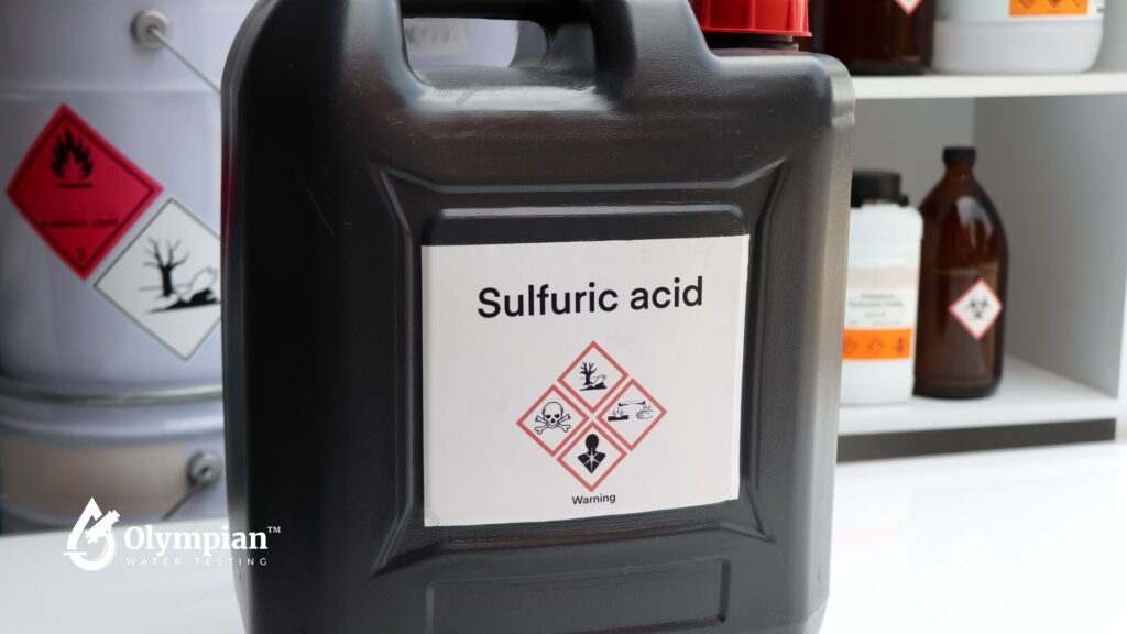 Sulfuric acid container. Well water can contain hydrogen sulfide. Get water testing for sulfur.