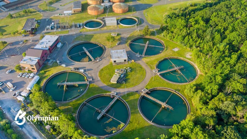 Aerial view of a water treatment plant. Water testing services address hydrogen sulfide issues.