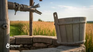 Well water: Wooden bucket on a stone well. Buyers should know about well water before offer.