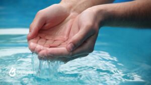 Hands cupping clear well water. Water softeners improve well water quality. Clean, safe drinking water concept.