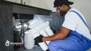 Reverse osmosis well water system install. Technician installs water filter. Well water purification.