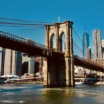 Brooklyn Bridge over water with city skyline. Well water testing in New Jersey. PWTA compliance.