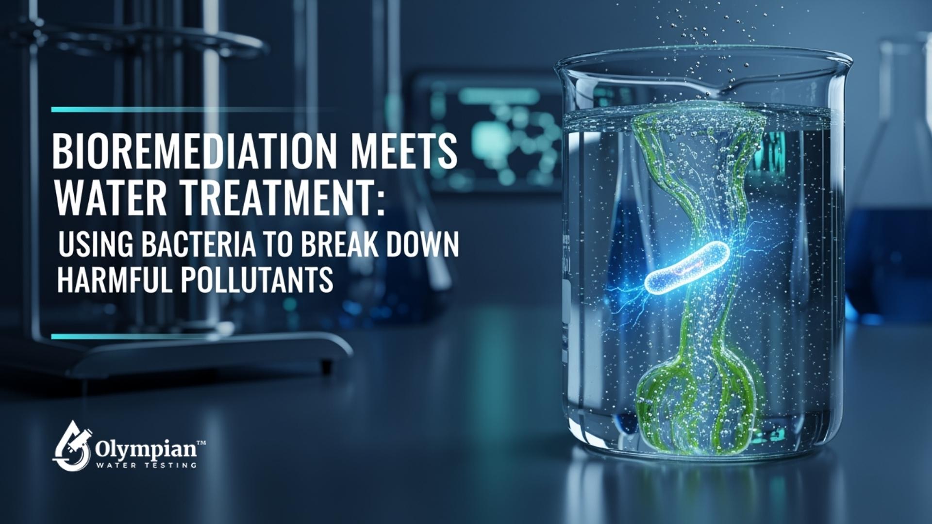 Bacteria bioremediation for PFAS water treatment. Lab beaker with bacteria breaking down pollutants. Next-gen destruction technologies.
