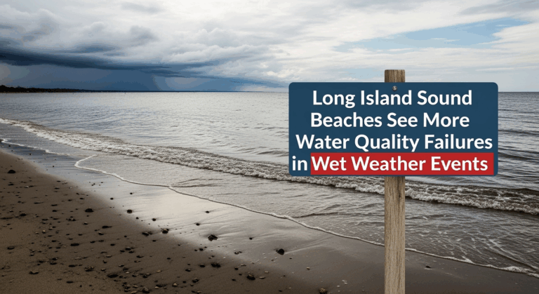 Long Island Sound beaches with water quality failures sign. Wet weather events impact beach water quality.