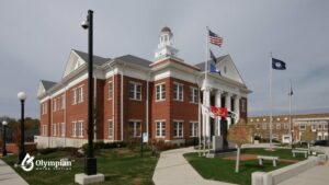 Mercer County, Kentucky. Well water testing for contaminants. Courthouse and flags.