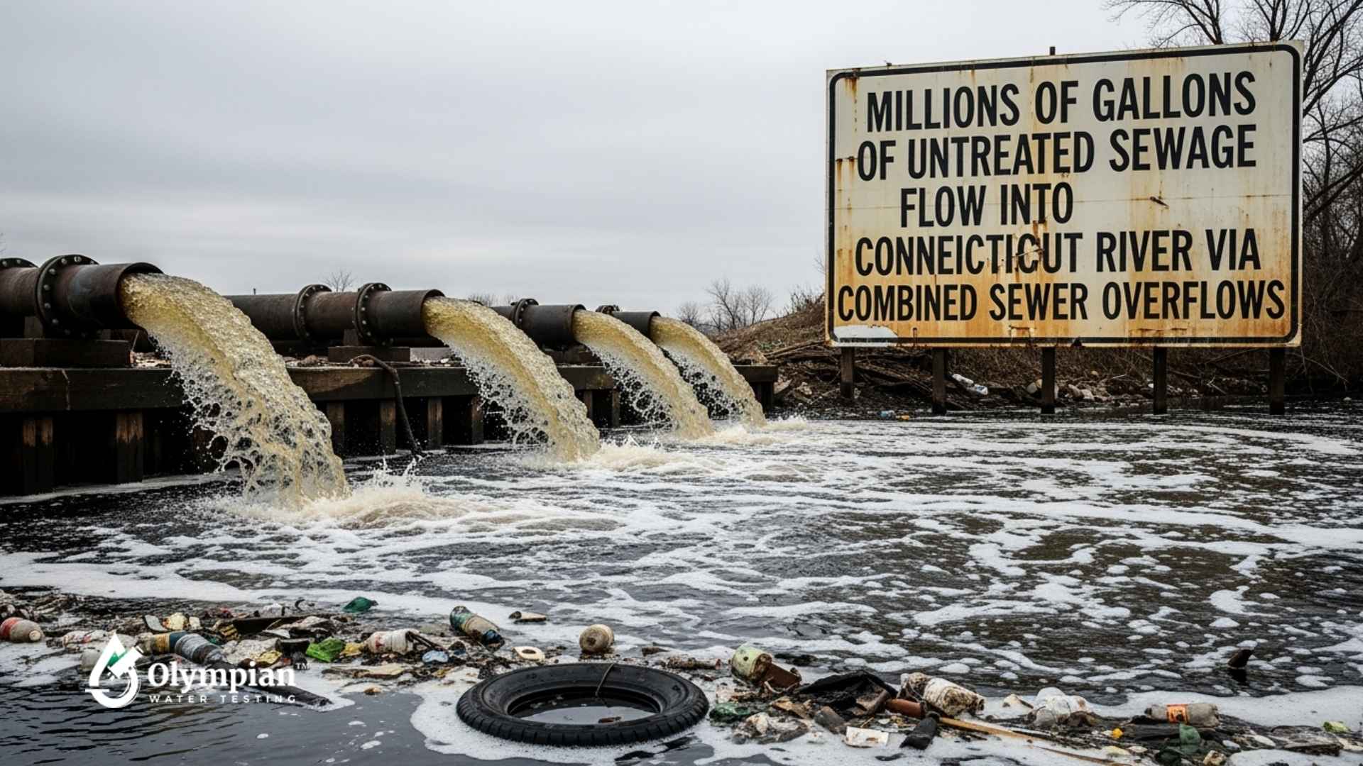 Untreated sewage flows into the Connecticut River via combined sewer overflows. Polluted water and trash.