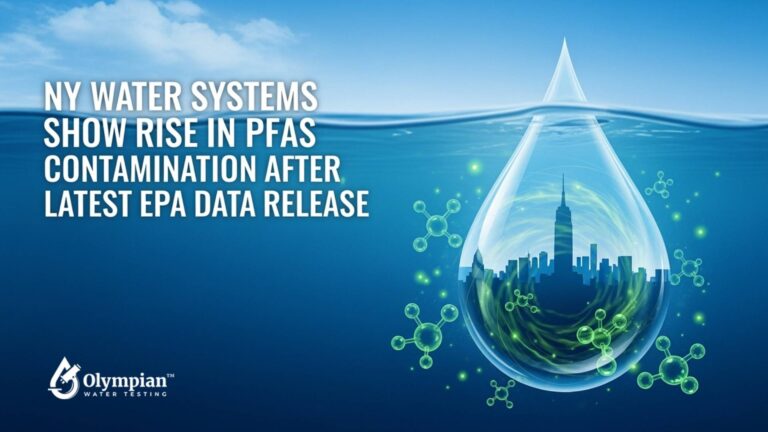 NY water systems show rise in PFAS contamination. Water drop with city skyline. EPA data release. Olympian Water Testing.