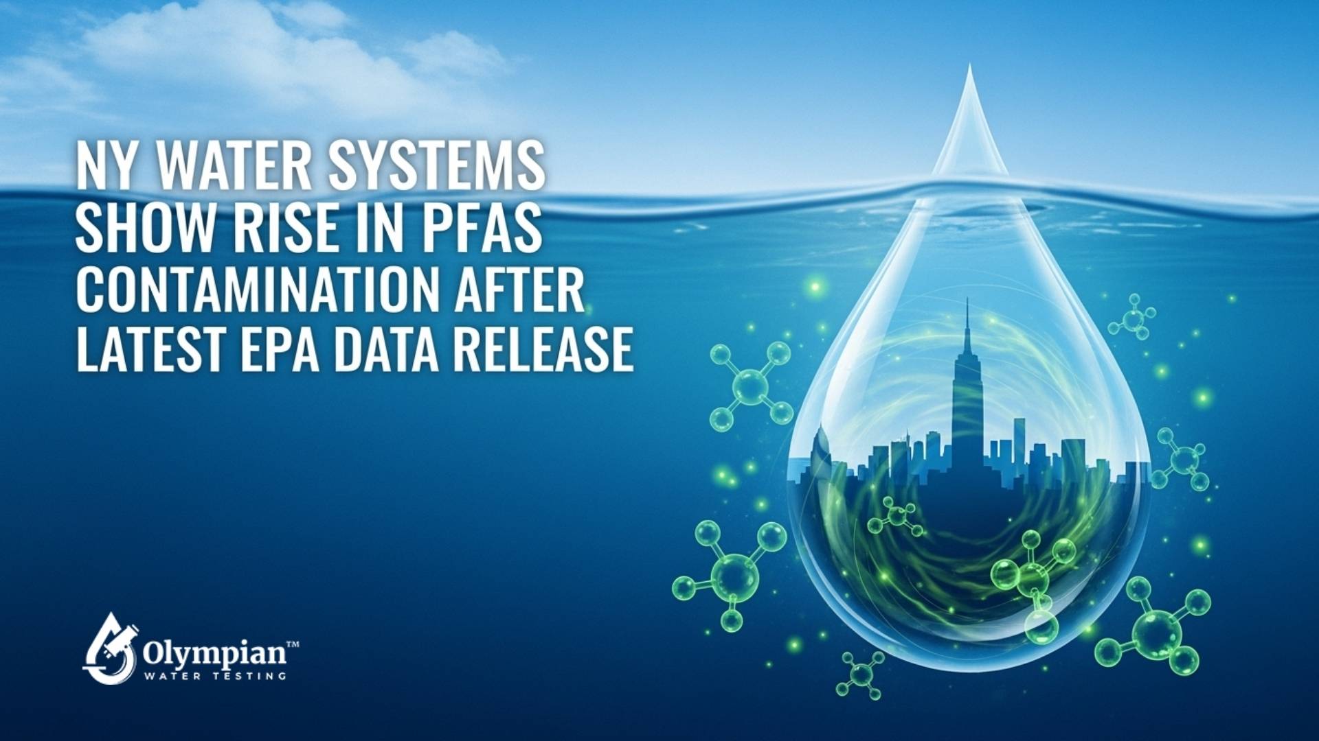 NY water systems show rise in PFAS contamination. Water drop with city skyline. EPA data release. Olympian Water Testing.