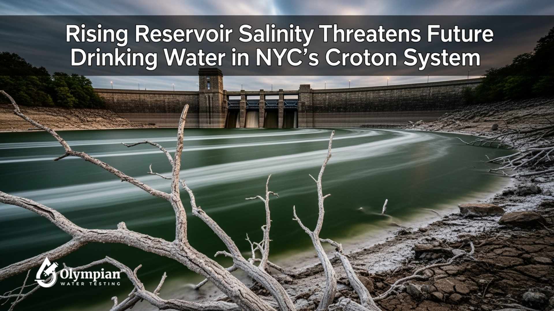 NYC Croton System reservoir with low water level. Rising salinity threatens future drinking water quality. Water testing is essential.