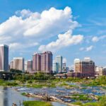Connecticut well water near a city skyline. Testing for uranium and contaminants. Safe water concept.