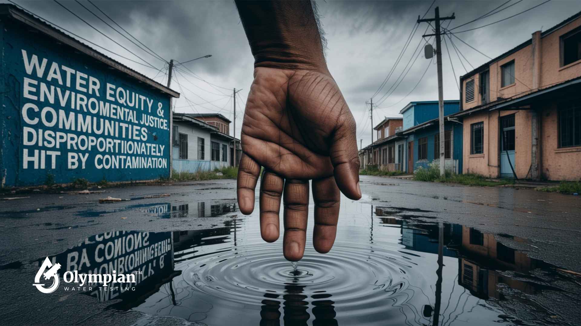 Hand touching water puddle in a community disproportionately hit by contamination. Water equity and environmental justice concept.