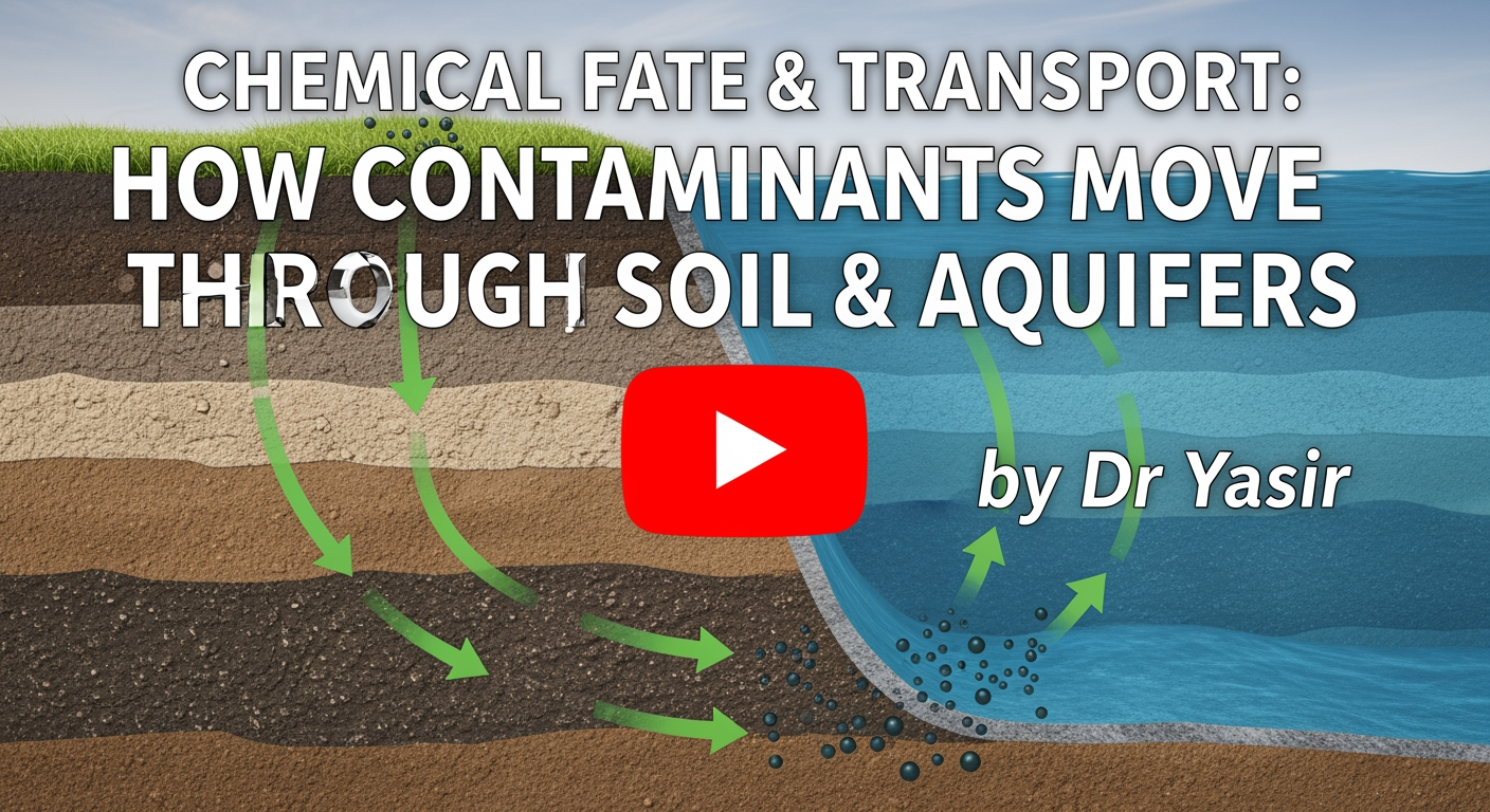 Contaminant movement through soil and aquifers diagram by Dr. Yasir. Chemical transport.