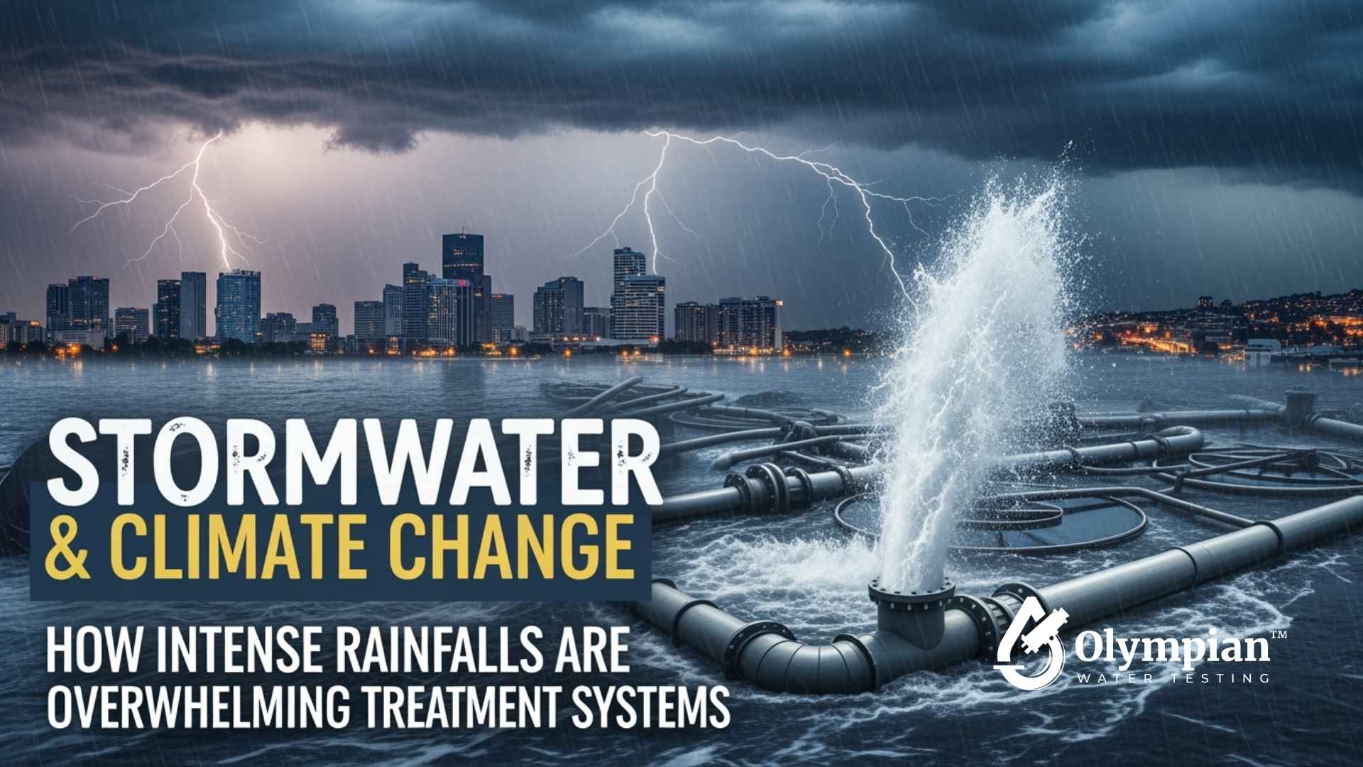 Stormwater and climate change image featuring intense rainfall overwhelming water treatment systems, cityscape, and water spray.