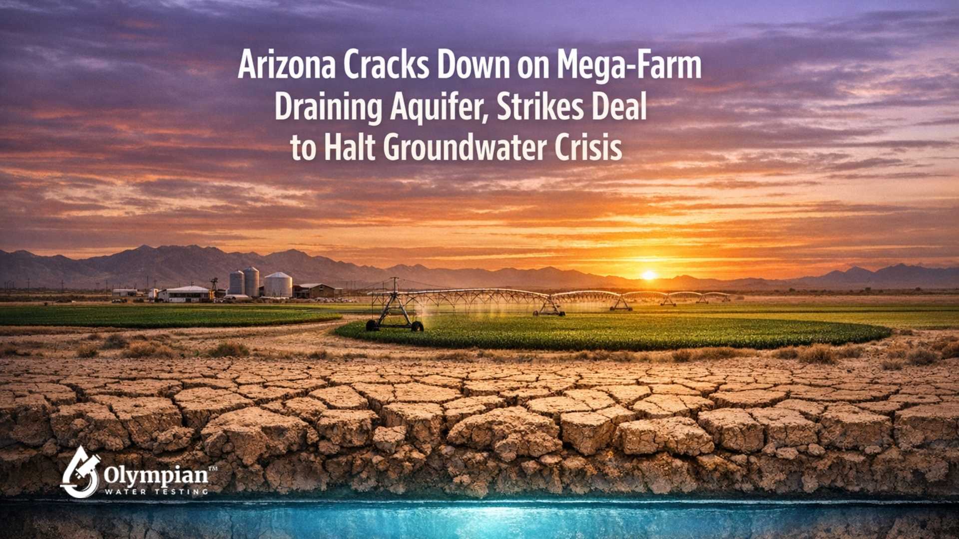 Arizona groundwater crisis: Cracked earth over aquifer, farm irrigation, and sunset. Mega-farm water restrictions concept.