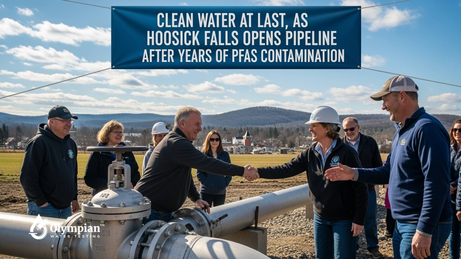 Hoosick Falls celebrates new clean water pipeline opening after PFAS contamination. People shake hands near the new pipeline.