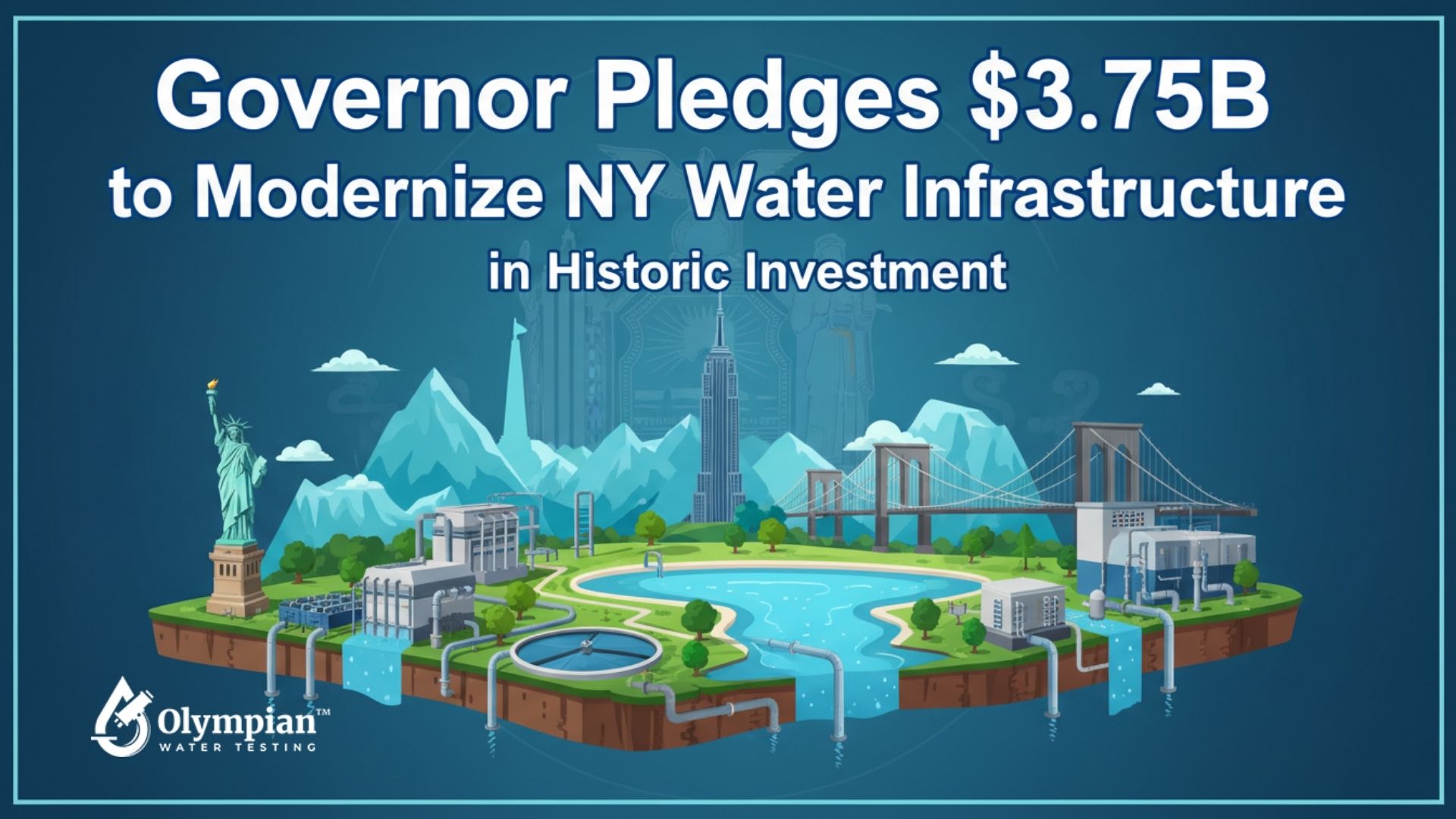 NY Water Infrastructure Modernization: Governor pledges $3.75B investment. Features Statue of Liberty, water treatment plant, and skyline.