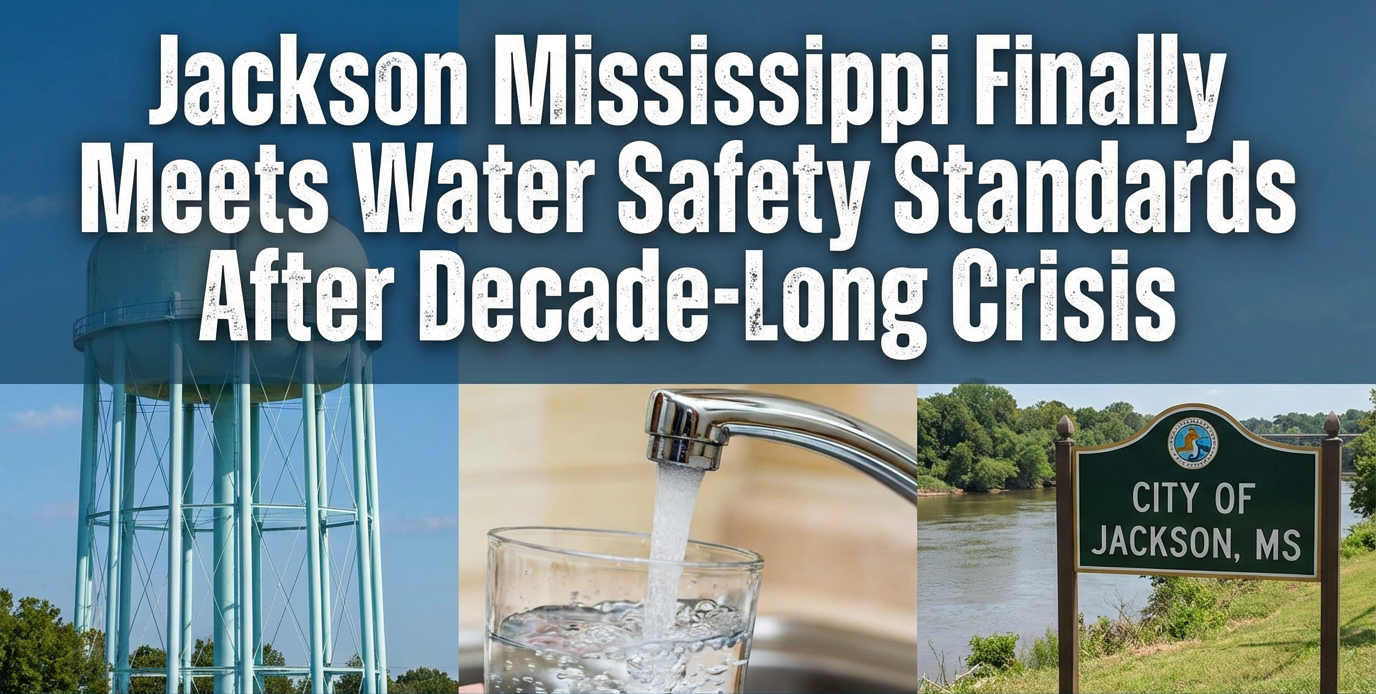 Jackson Mississippi water safety improved after crisis. Image: water tower, faucet filling glass, city sign. Safe water access.