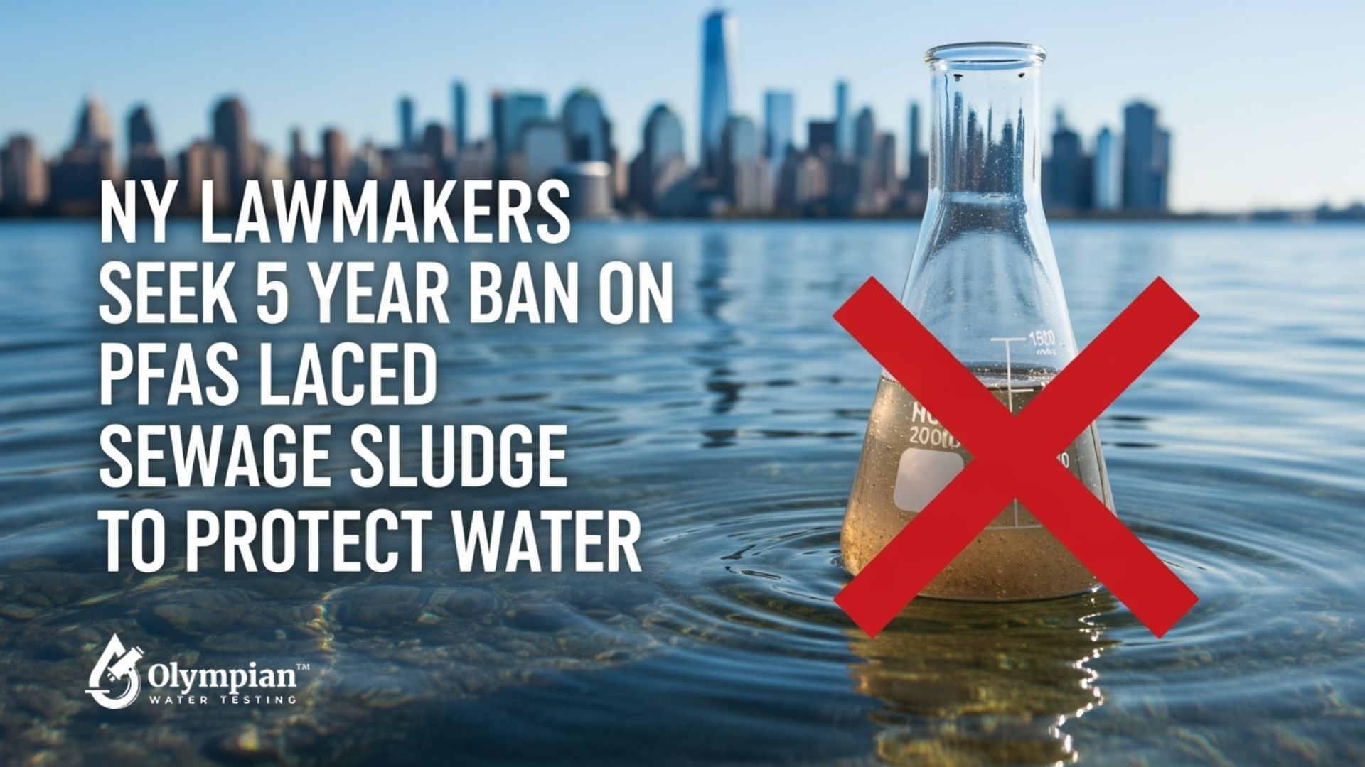 NY lawmakers seek a 5-year ban on PFAS-laced sewage sludge to protect water. Beaker with a red X, water and city skyline.