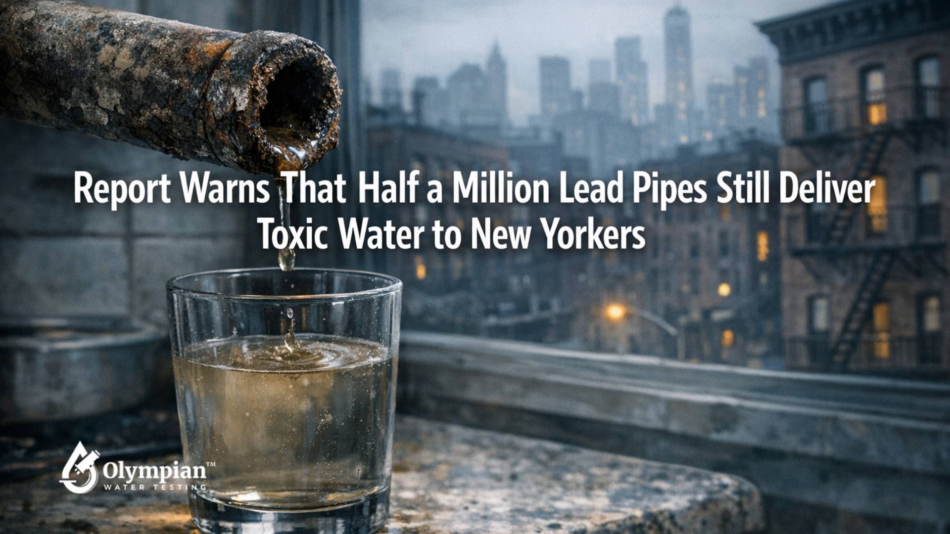 NYC lead pipes deliver toxic water: Rusty pipe drips into glass. Report warns of contaminated drinking water in New York.