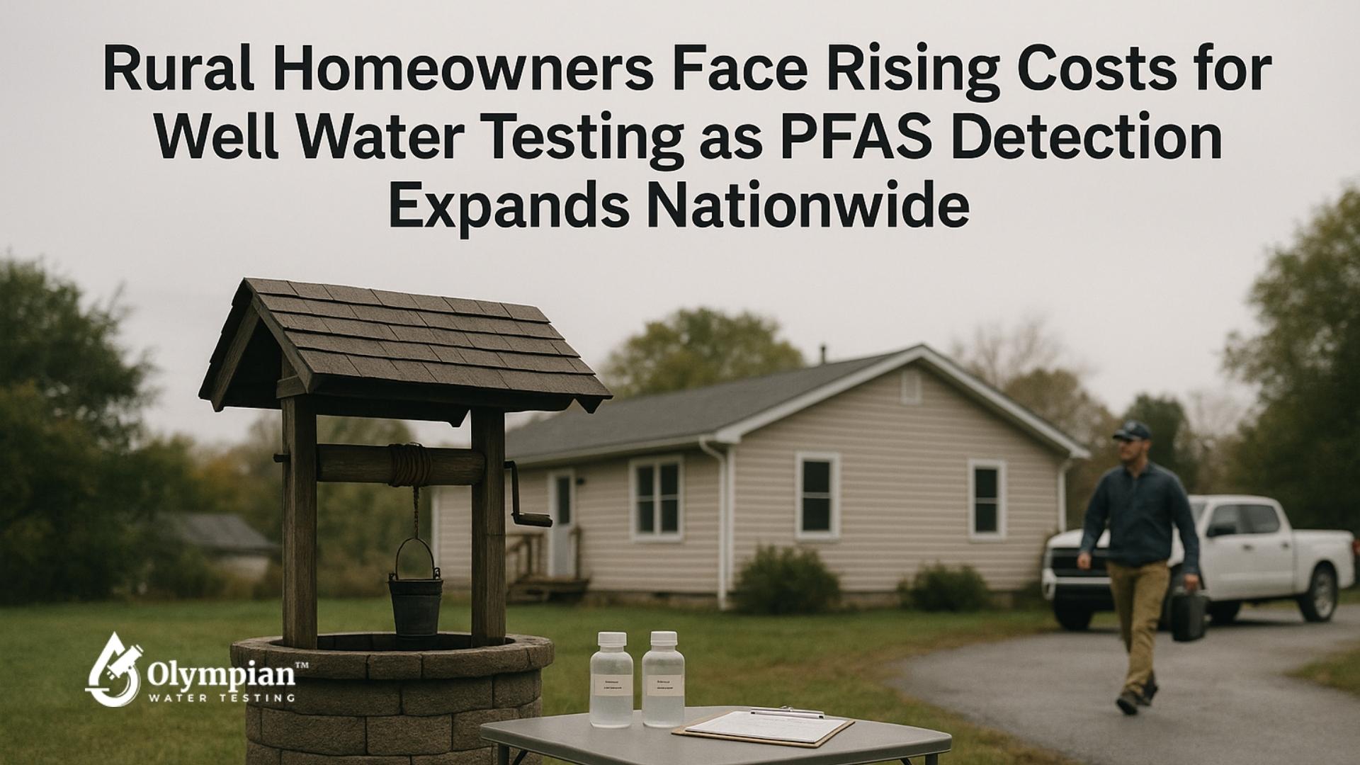 Well water testing for rural homeowners. Water sample bottles next to a well, addressing PFAS detection costs nationwide.