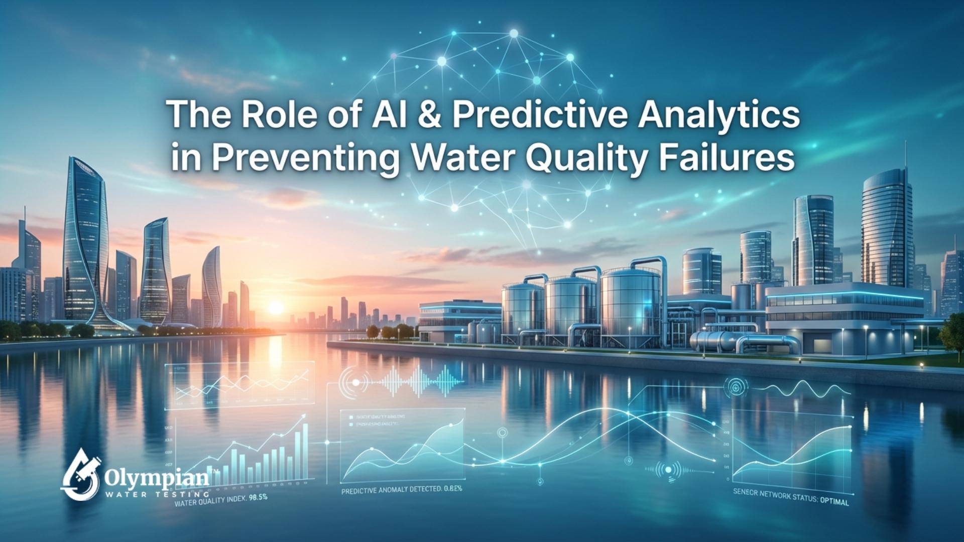 AI and predictive analytics for water quality: Image shows a futuristic cityscape with water treatment plant and data visualizations.