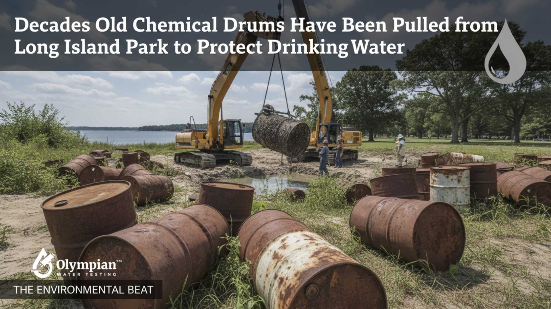 Long Island cleanup: Excavators remove decades-old rusty chemical drums from park to protect drinking water sources. Environmental remediation.