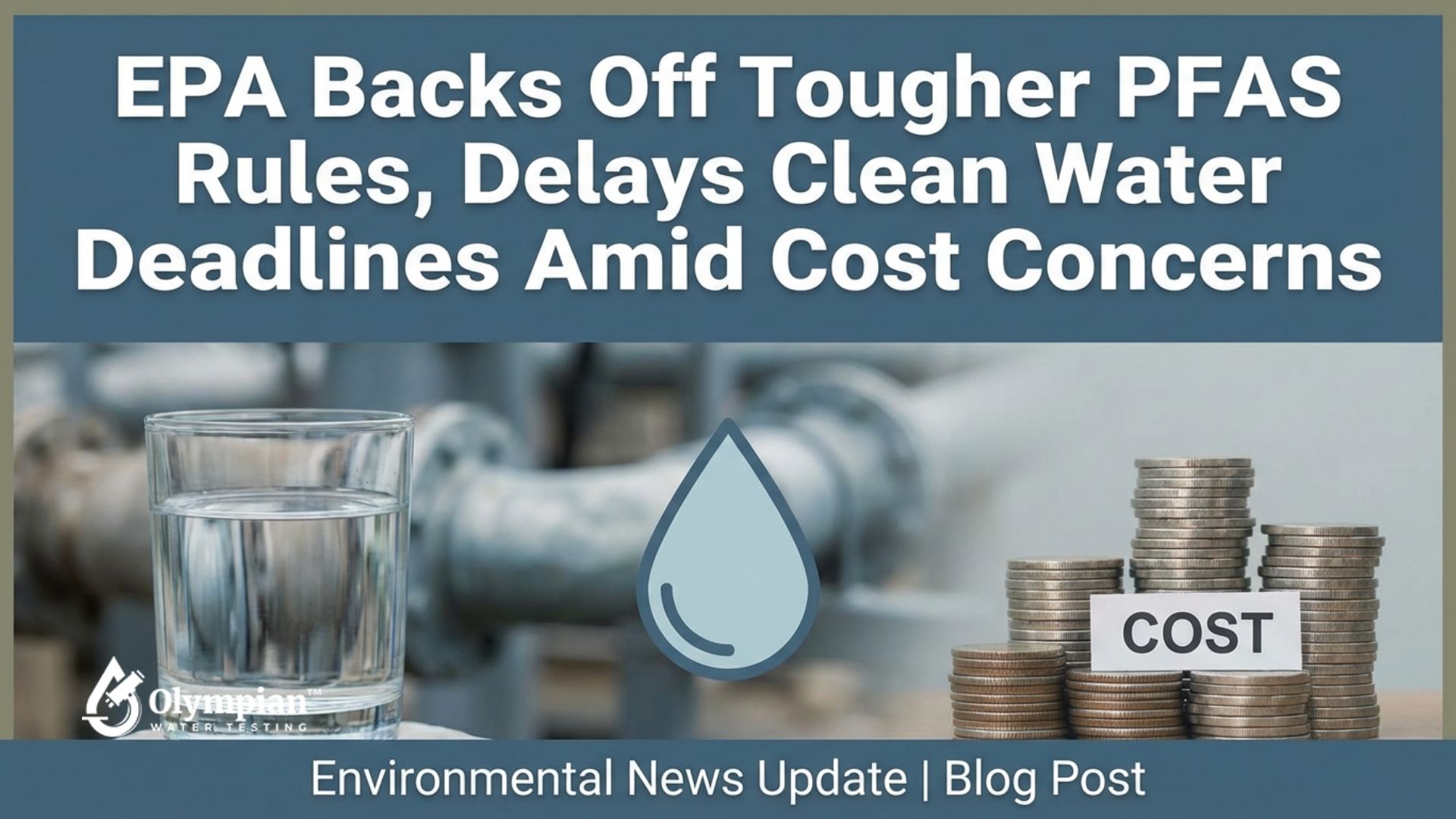 EPA delays clean water PFAS rules amid cost concerns. Image shows water glass, coins, and a pipe symbolizing water infrastructure.